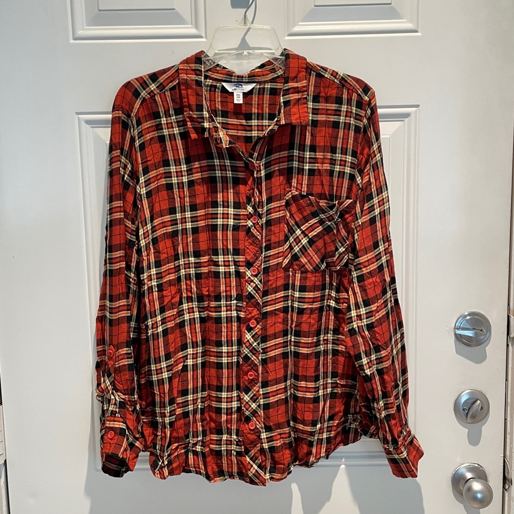 Time and Tru Burnt Orange Plaid Flannel Casual Button Down Long Sleeve Top XXL